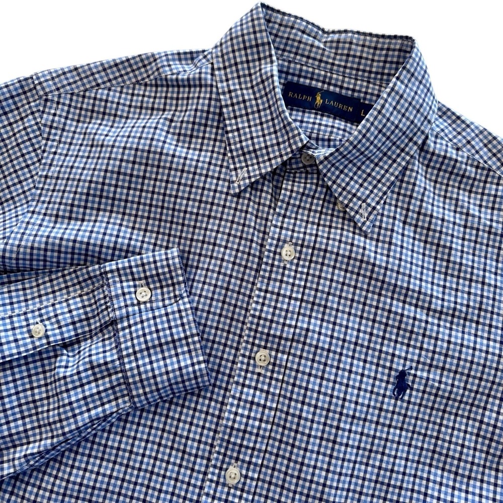 Polo Ralph Lauren Mens Blue Gingham Check Button Down Shirt L Long Sleeve Pony